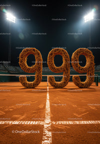 Clay tennis court with artistic 999 numbers at night