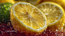 Vivid Lemon Slices Splashing into Water with Droplets