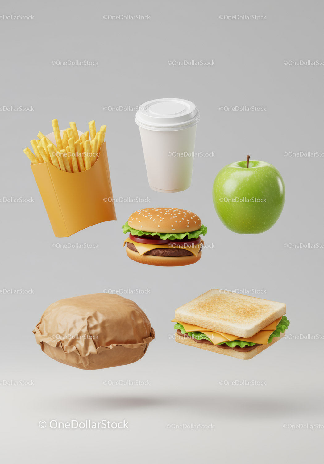 Fast Food Meal with Burger Fries Drink and Apple