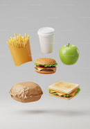 Fast Food Meal with Burger Fries Drink and Apple