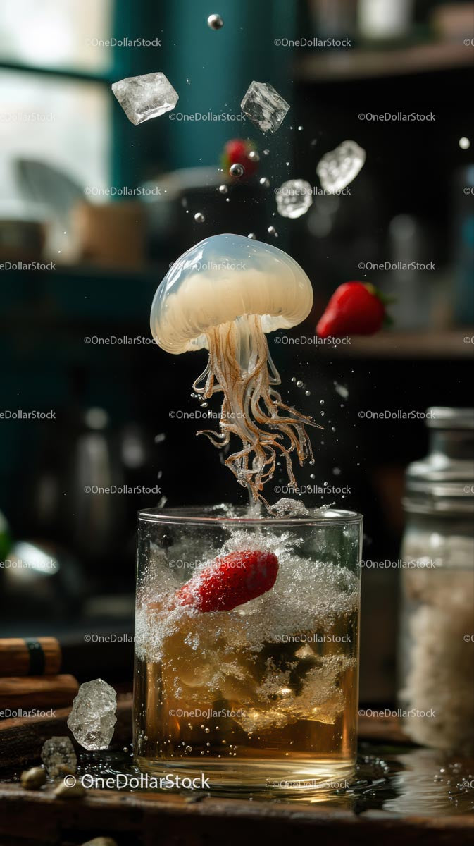 Jellyfish and Strawberries Splashing into a Refreshing Cocktail Drink
