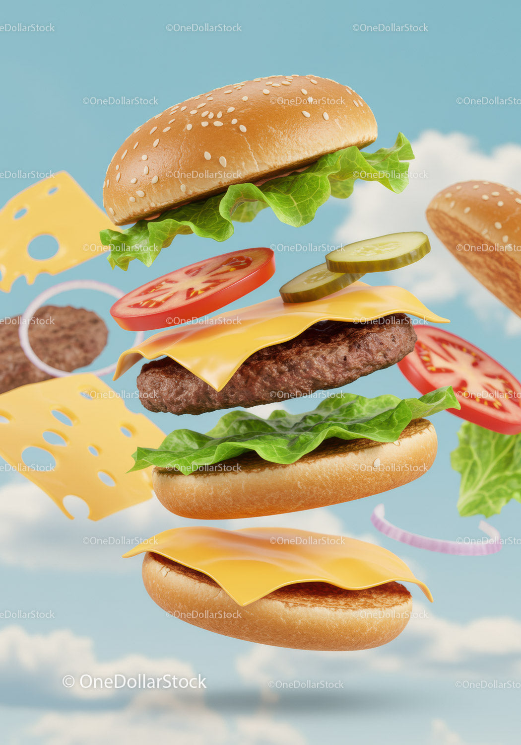 Deconstructed Cheeseburger Ingredients Floating in Air