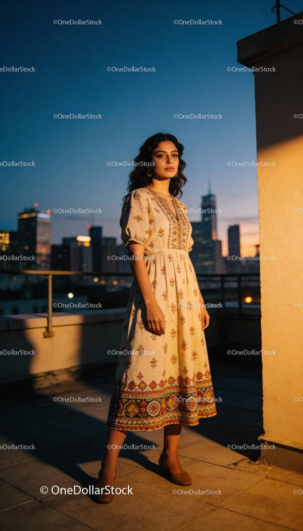 Woman in vintage floral dress on city rooftop at dusk
