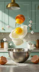 Fresh eggs cracking into bowl with flying sugar cubes