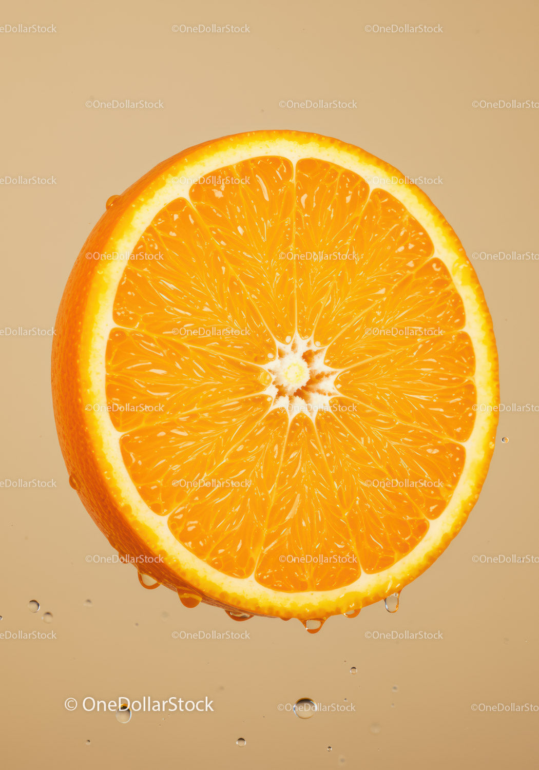 Fresh Orange Slice with Water Drops on Neutral Background
