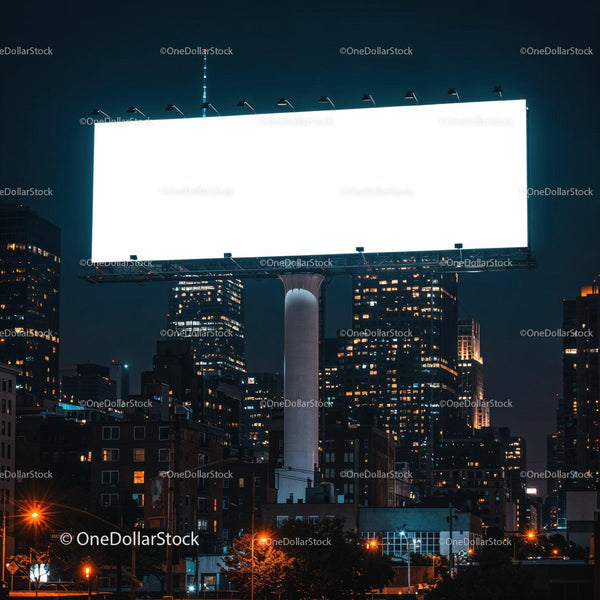 Illuminated blank billboard in urban night cityscape JPG Mockup Image