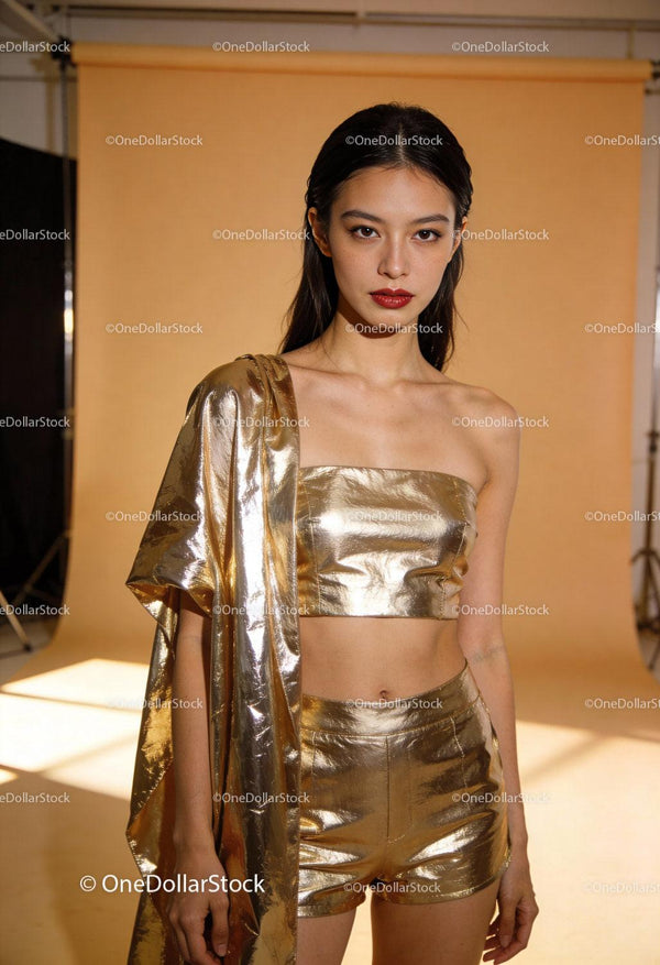 Confident woman in shiny gold outfit in studio