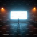 Person Standing Before Glowing Billboard in Foggy Night