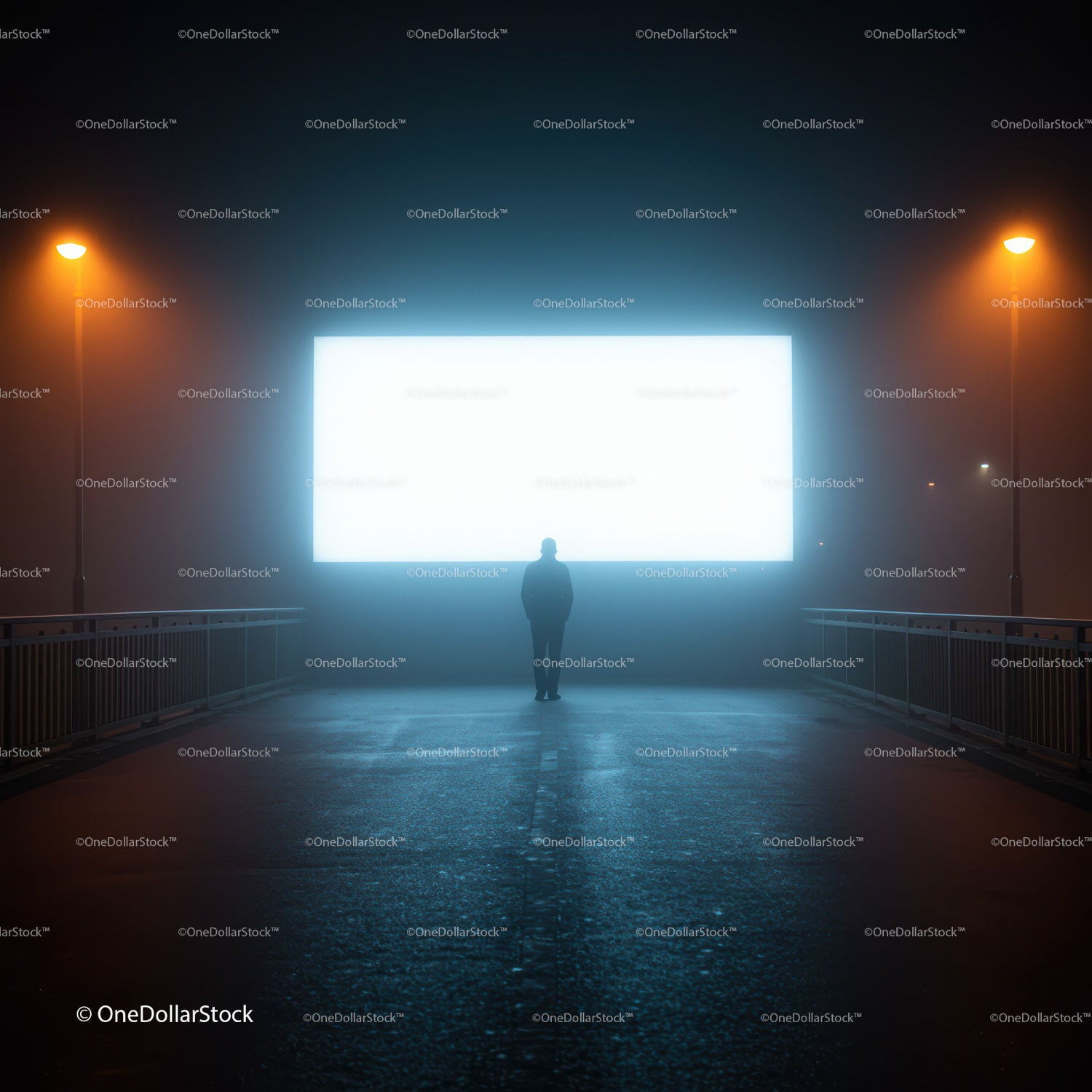 Person Standing Before Glowing Billboard in Foggy Night