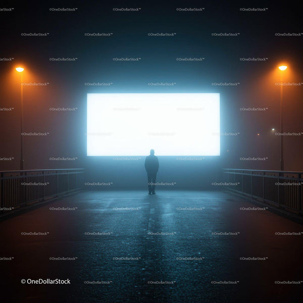 Person Standing Before Glowing Billboard in Foggy Night JPG Mockup Image