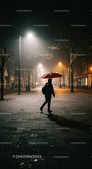 Person walking with red umbrella on misty urban street