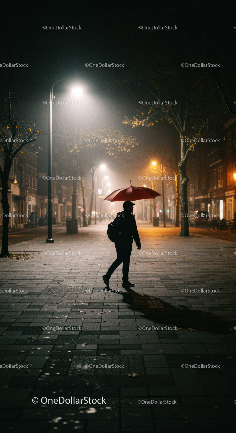 Person walking with red umbrella on misty urban street