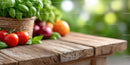 Fresh Tomatoes and Basil on Rustic Wooden Table in Garden