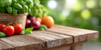 Fresh Tomatoes and Basil on Rustic Wooden Table in Garden