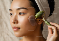Young Woman Using Jade Facial Roller for Skin Rejuvenation Therapy
