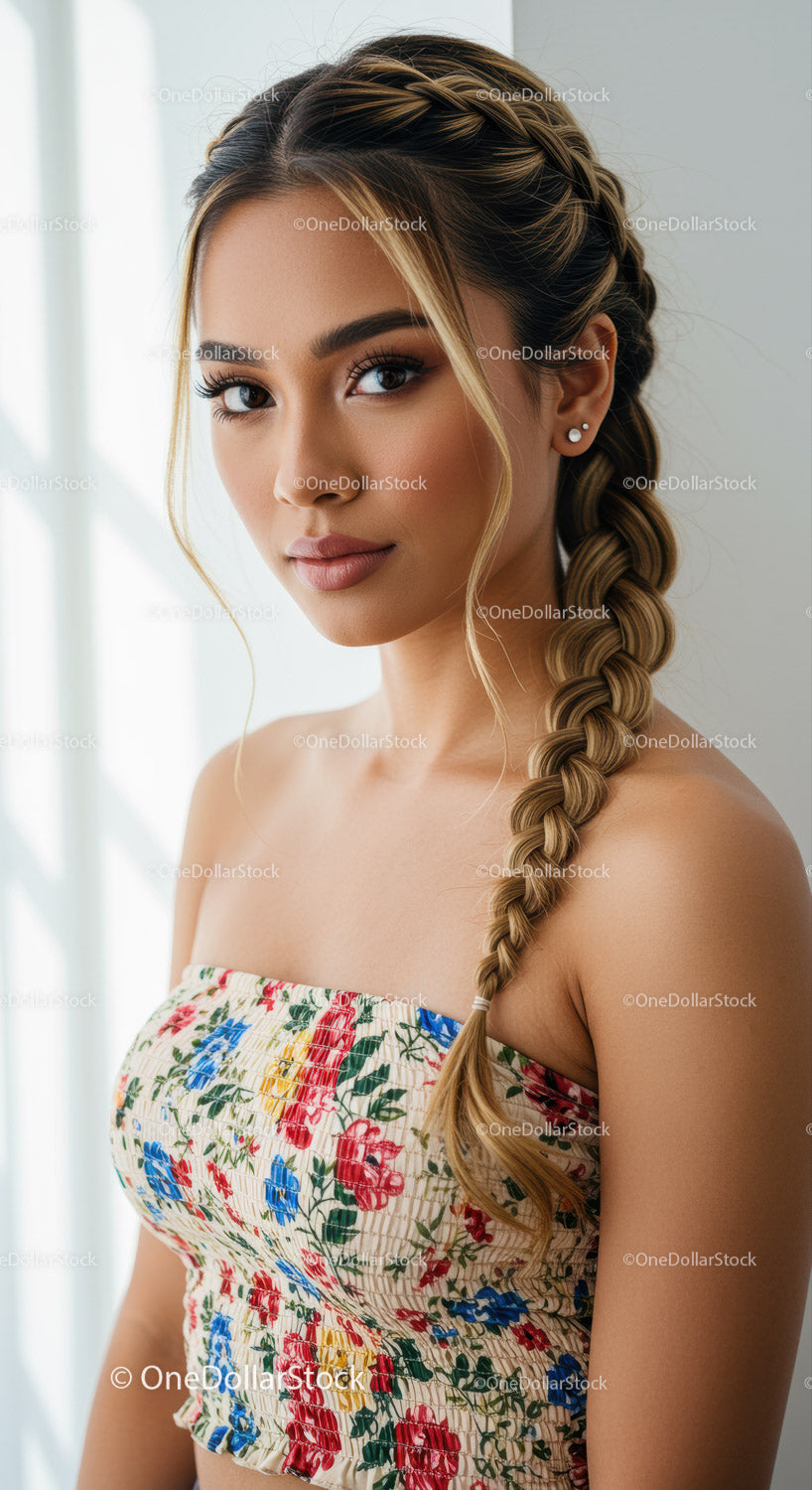 Elegant Young Woman with Braided Hair Wearing Floral Top in Natural Light