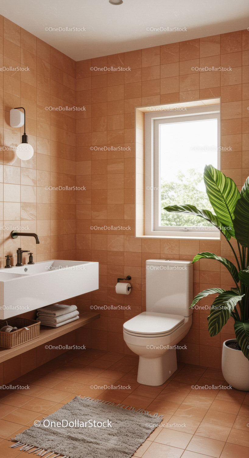 Modern Bathroom with Terracotta Tiles and Indoor Green Plant