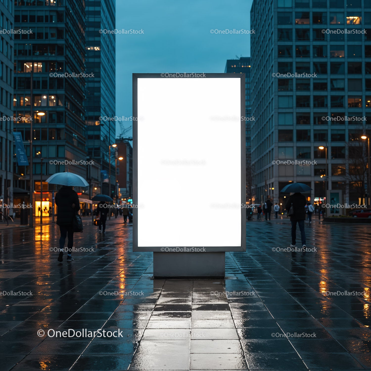 Illuminated advertising board in rainy urban street