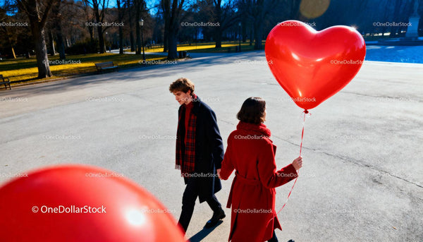 Couple walking in park holding heart shaped balloon