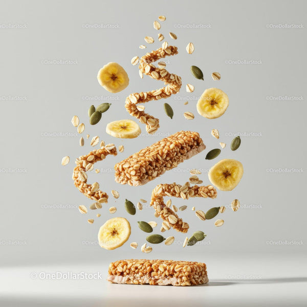 Healthy granola bar with banana slices and seeds levitating
