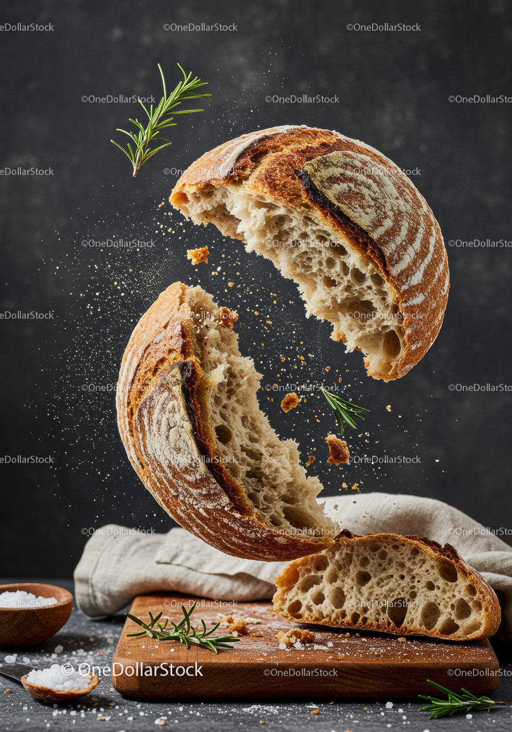 Rustic sourdough bread breaking apart with fresh rosemary