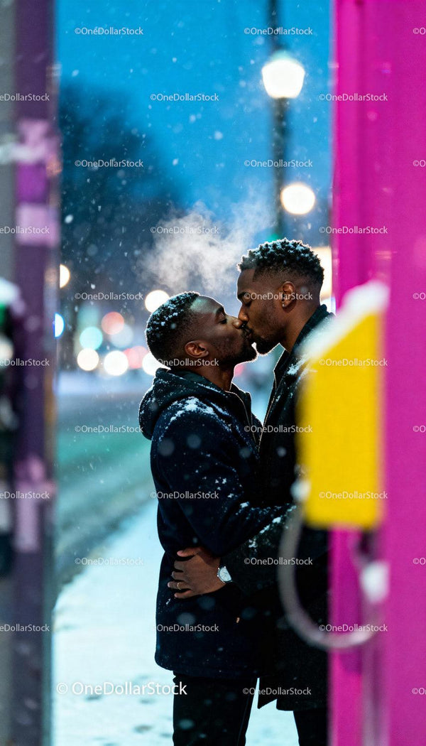 Couple sharing a tender kiss on snowy city street