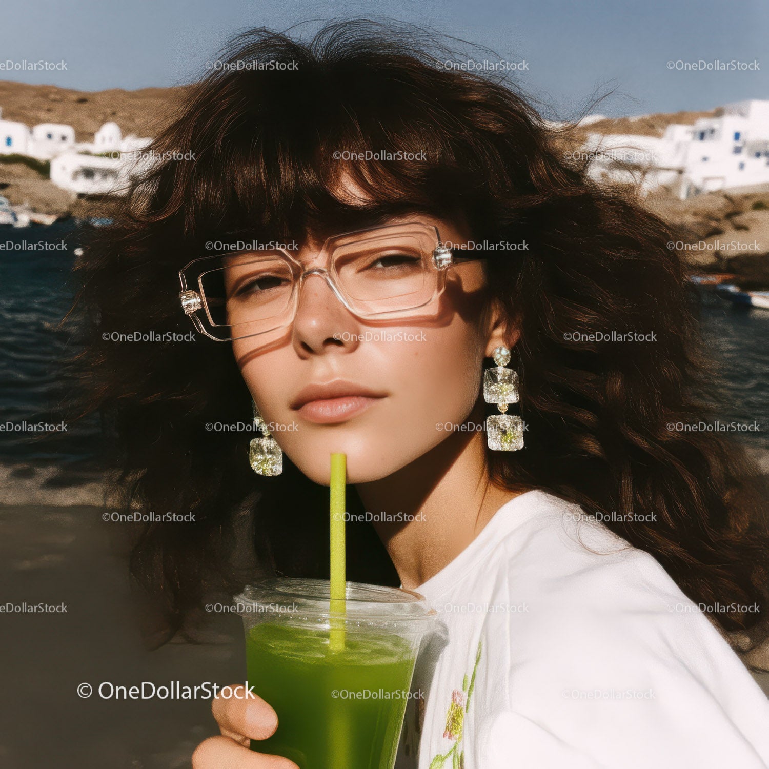 Stylish Woman Sipping Green Juice on Beach in Sunlit Summer Scene