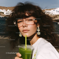 Stylish Woman Sipping Green Juice on Beach in Sunlit Summer Scene