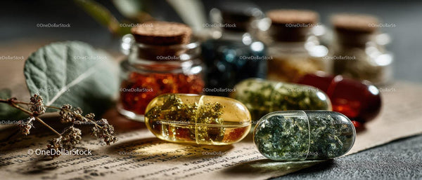 Herbal Capsules and Remedies with Green and Yellow Accents on Wooden Surface