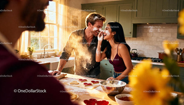Couple sharing joyful moment baking heart cookies together