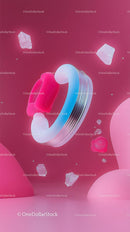 Futuristic glowing ring with colorful accents on pink background