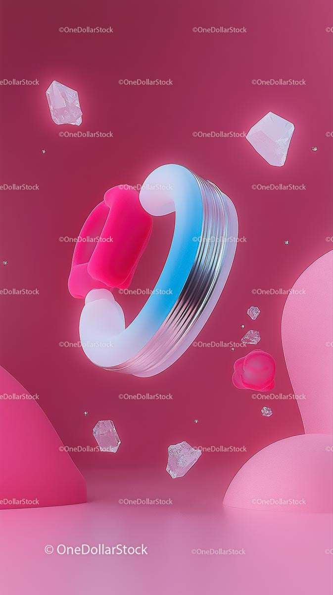Futuristic glowing ring with colorful accents on pink background