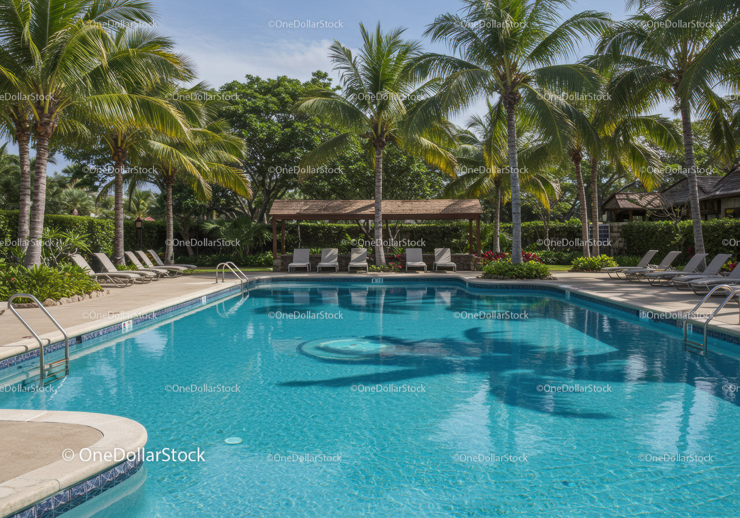 Luxury Tropical Poolside Scene with Palm Trees and Lounge Chairs