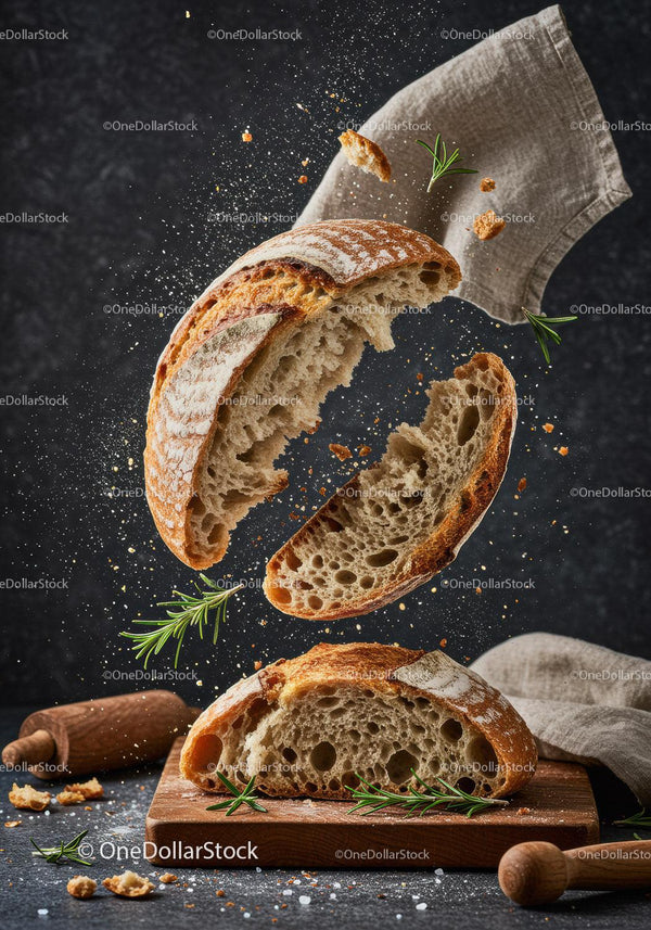 Rustic sourdough bread breaking apart in motion