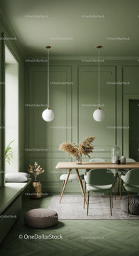 Elegant Green Interior with Modern Dining Area and Decor