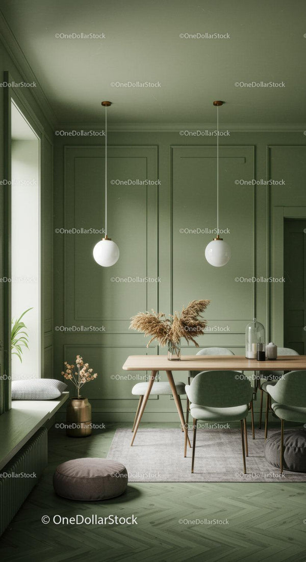 Elegant Green Interior with Modern Dining Area and Decor