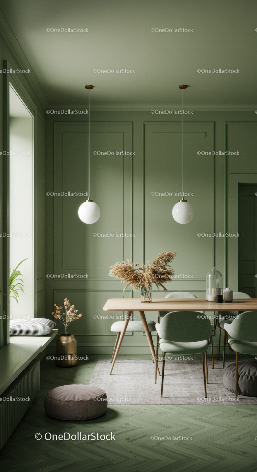 Elegant Green Interior with Modern Dining Area and Decor