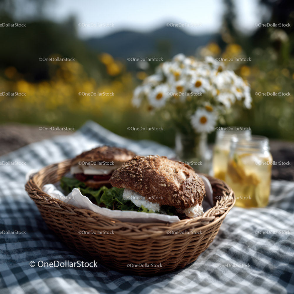 Rustic Picnic Basket with Gourmet Sandwich and Fresh Flowers