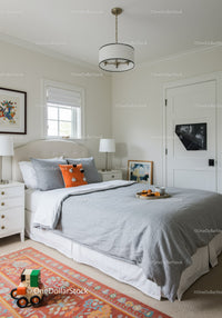 Bright Modern Bedroom with Cozy Bed and Colorful Rug