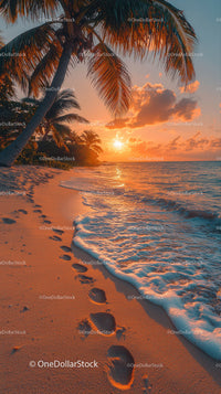 Scenic Tropical Beach Sunset with Palm Trees and Ocean Waves