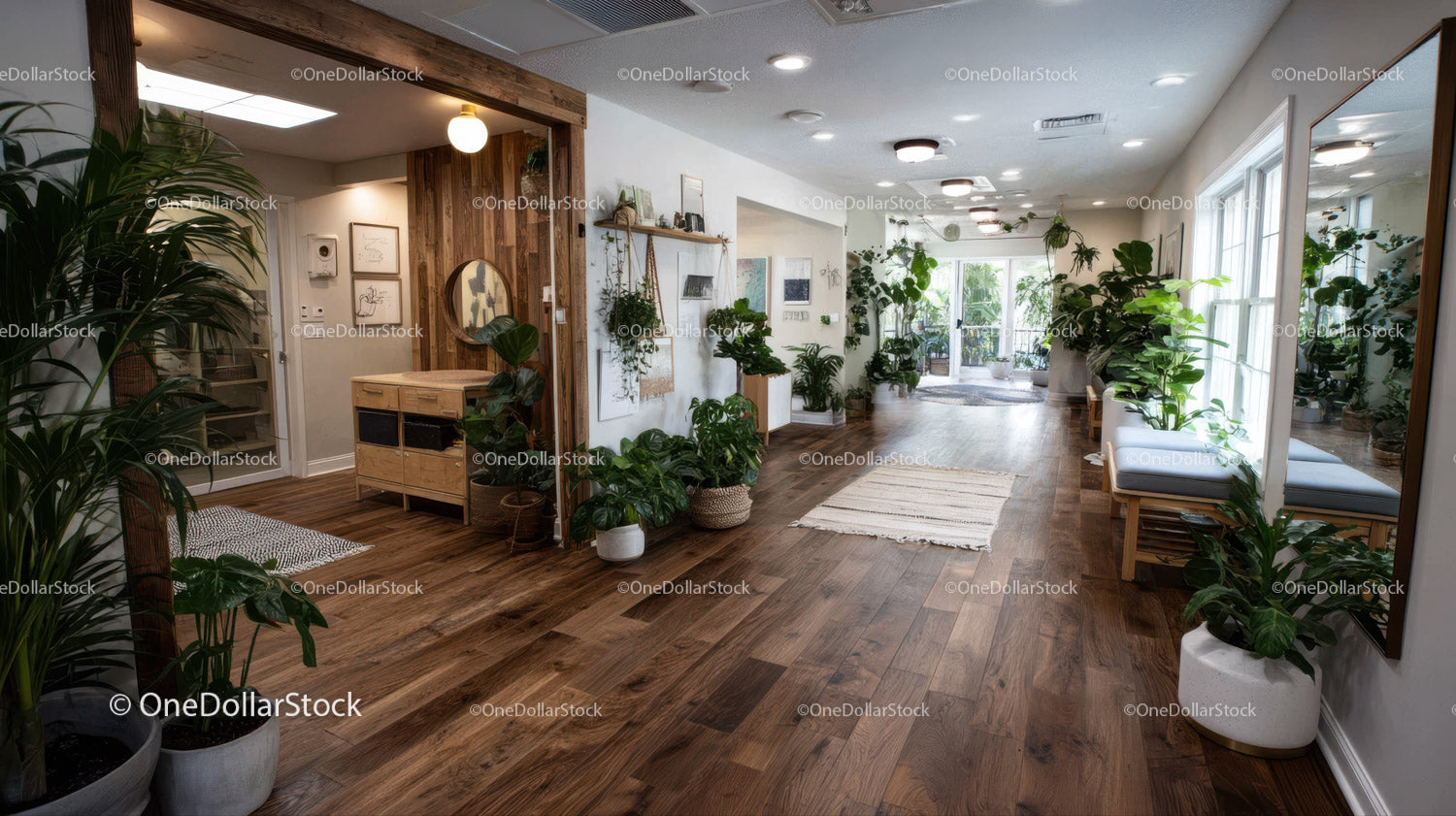 Bright Modern Interior with Green Houseplants and Wooden Floor