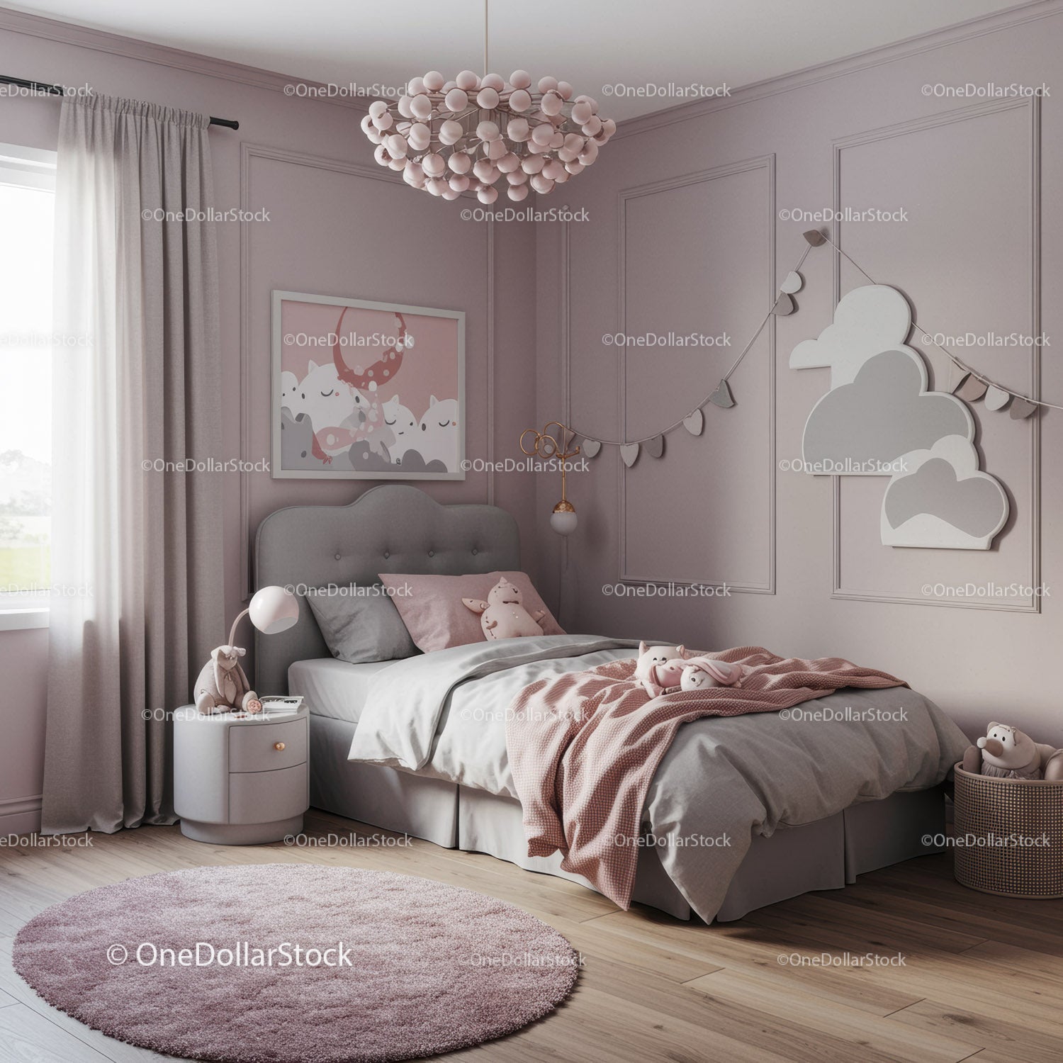 Cozy Pink Children's Bedroom with Cloud Wall Decor and Plush Toys