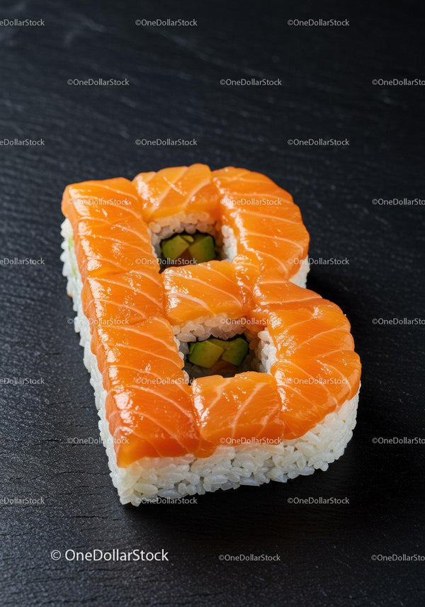 Sushi Roll Shaped as Letter B with Fresh Salmon Topping
