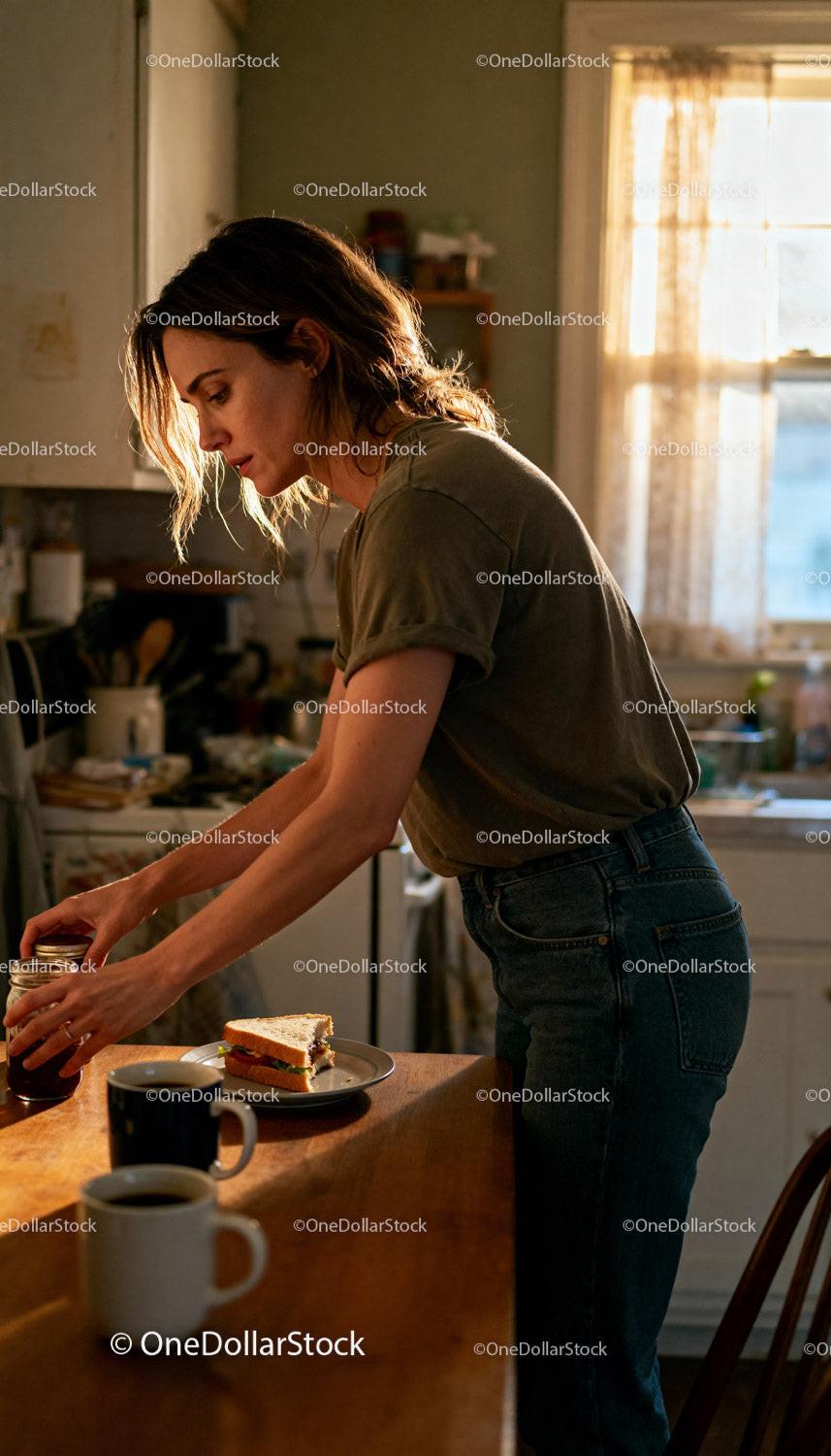 Woman Preparing Sandwich in Warm Kitchen Light