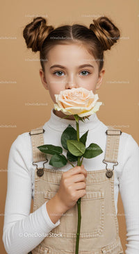 Young Girl with Pale Peach Rose Portrait on Soft Beige Background