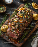 Juicy Roast Beef with Garlic and Fresh Herbs on Wooden Board