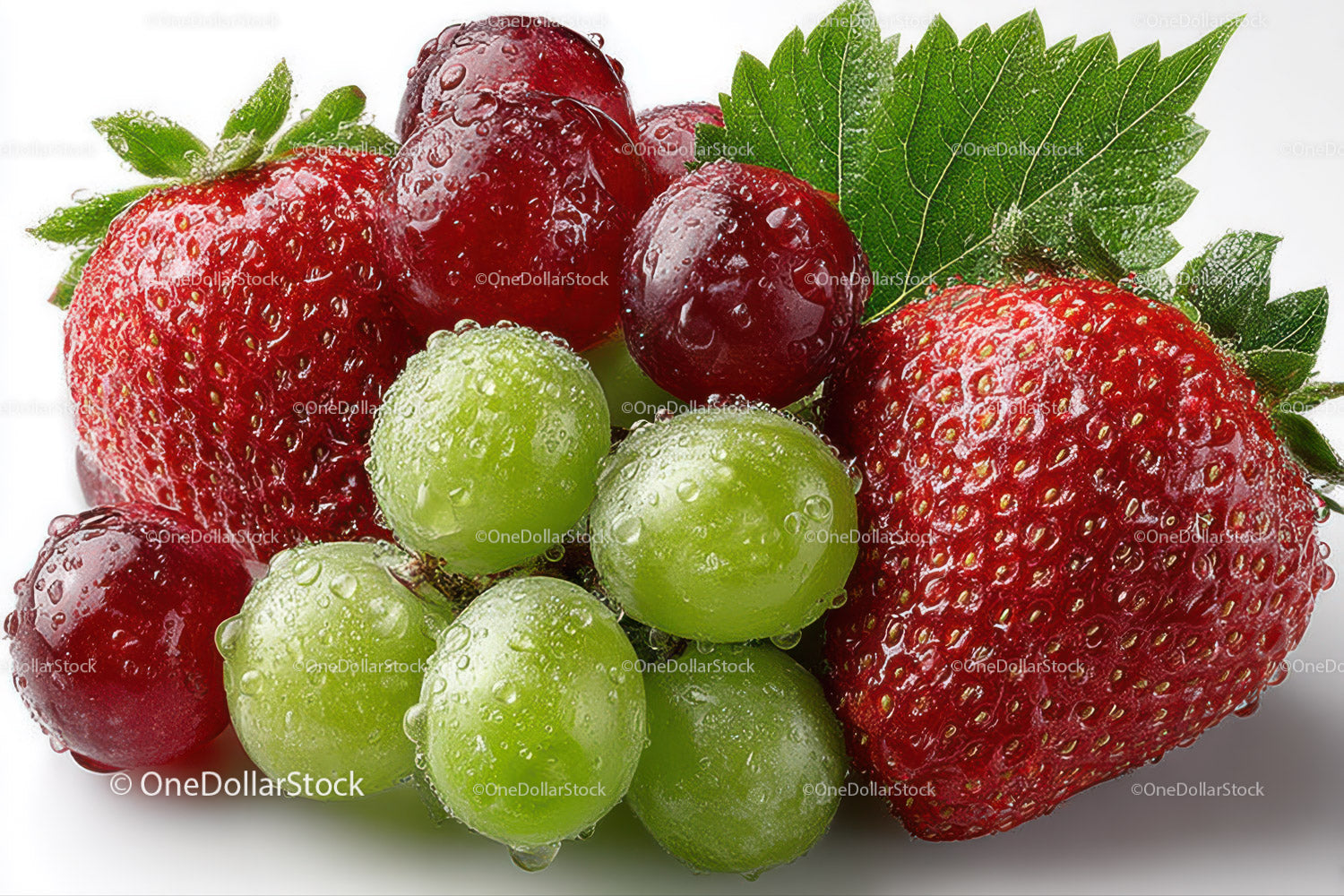 Fresh Strawberries and Green Grapes with Dew Drops in Natural Still Life
