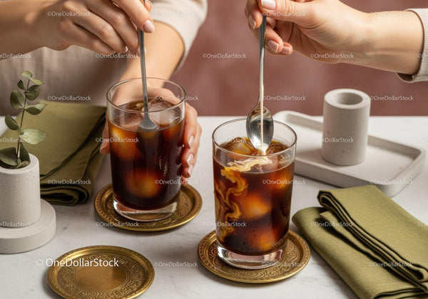 Refreshing Iced Cola with Silver Spoons and Gold Coasters