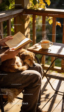 Man Reading Book with Dog on Lap on Sunny Porch