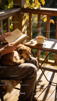 Man Reading Book with Dog on Lap on Sunny Porch